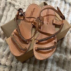 Tan Leather Sandals with Gold Accents